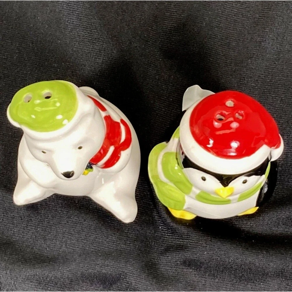 Polar Bear Penguin Salt and Pepper Shakers NEW Ceramic 3 in Christmas Hat Scarf